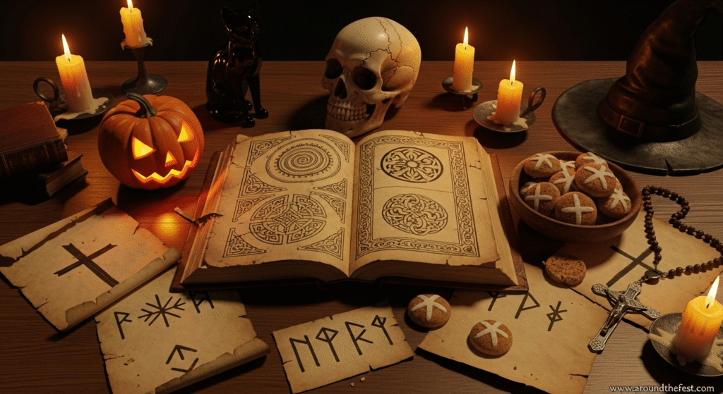 Still life with ancient books, soul cakes, jack-o’-lantern, and spiritual symbols, illustrating common questions around Halloween’s dark reputation, origins, and misunderstood meanings.