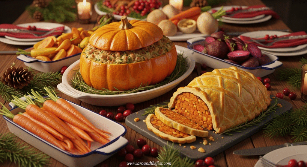 "Global Christmas dinner table with international dishes including Greek mezze platters with dolmas, olives, baba ganoush, Korean marinated tofu BBQ, kimchi, Moroccan vegetable tagine with couscous, roasted root vegetables, festive candles, and greenery— featuring a multicultural holiday feast celebrating diverse cultures."