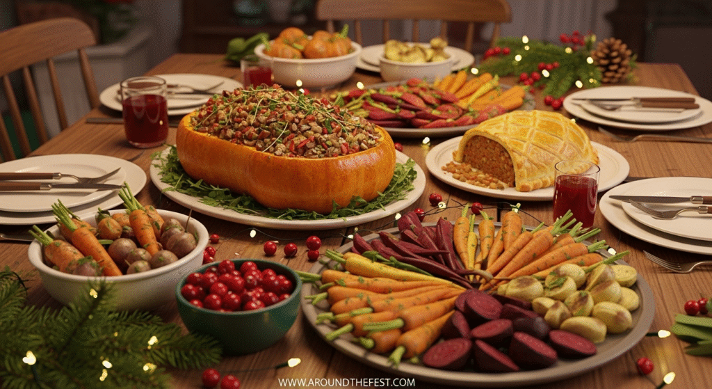"Global Christmas dinner table with international dishes including Greek mezze platters with dolmas, olives, baba ganoush, Korean marinated tofu BBQ, kimchi, Moroccan vegetable tagine with couscous, roasted root vegetables, festive candles, and greenery—featuring a multicultural holiday feast celebrating diverse cultures."
