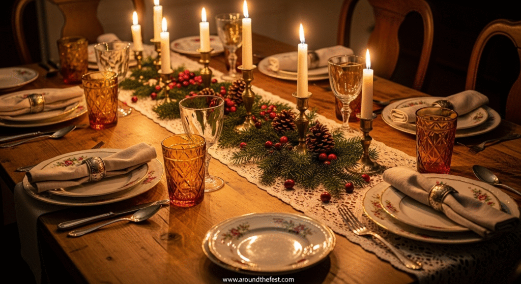 "Vintage Christmas table setting with inherited floral plates, amber glassware, lace table runner, brass candle holders, evergreen sprigs, pinecones, and handmade cinnamon stick place cards—featuring nostalgic, personal, and retro holiday decor."
