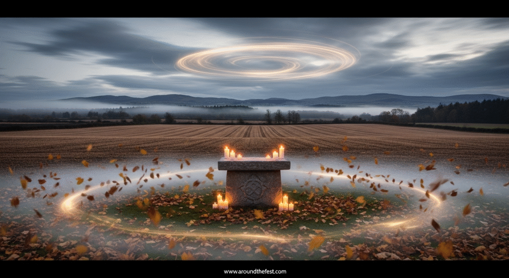 Harvested Celtic fields and misty forest altar with candles, symbolizing Samhain as the original spiritual turning point behind Halloween’s deeper meaning.