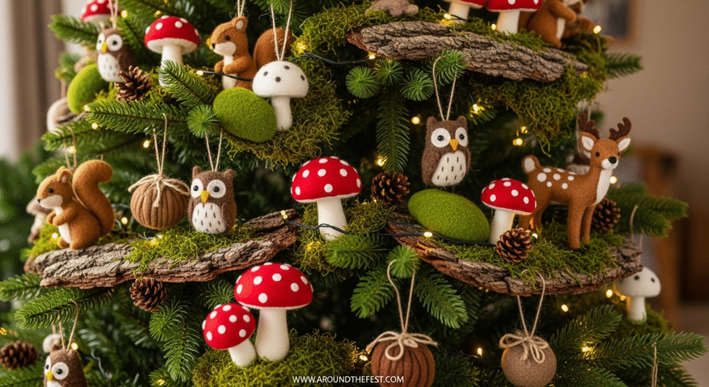 “"Whimsical woodland Christmas tree decorated with moss, felt mushrooms, wooden squirrels and deer, miniature toadstools, and rustic bark—unique Christmas ideas for 2025 with magical forest-inspired decor and handmade woodland ornaments."