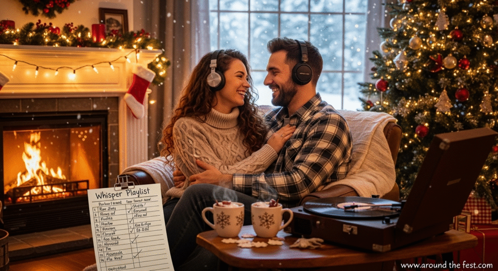 "Cozy Christmas Whisper Playlist Challenge setup with a couple wearing headphones, sitting by a fireplace and Christmas tree, sharing laughter and gently guessing Christmas instrumental songs; a handwritten playlist and mugs of hot cocoa on the table create an inviting, low-key holiday game atmosphere— offering mindful, introvert-friendly party entertainment."