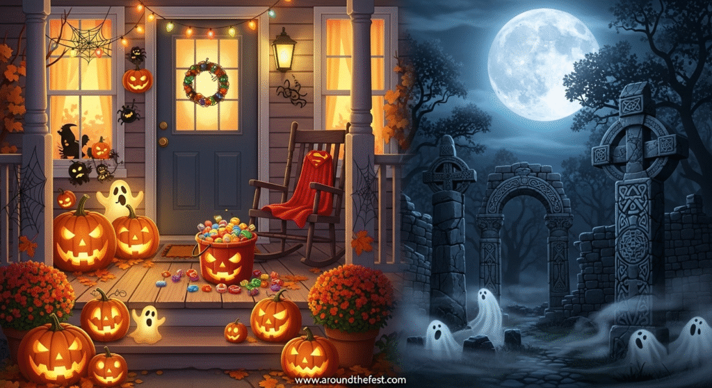 Visual contrast between playful modern Halloween decorations and ancient spiritual landscapes, reflecting the ongoing debate over whether Halloween still holds a dark or sacred meaning. 
