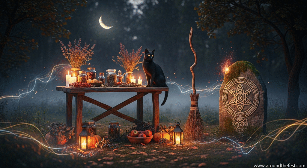 Black cat beside an herbal altar under the moon, representing the sacred roles of witches and protectors in early Halloween traditions—long before they were vilified. 