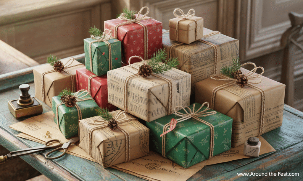 "Zero-waste Christmas gifts wrapped with recycled brown kraft paper, upcycled maps, vintage newspapers, and sheet music, each decorated with natural twine, pinecones, and evergreen sprigs— highlighting sustainable, eco-friendly, and creative holiday gift wrapping."