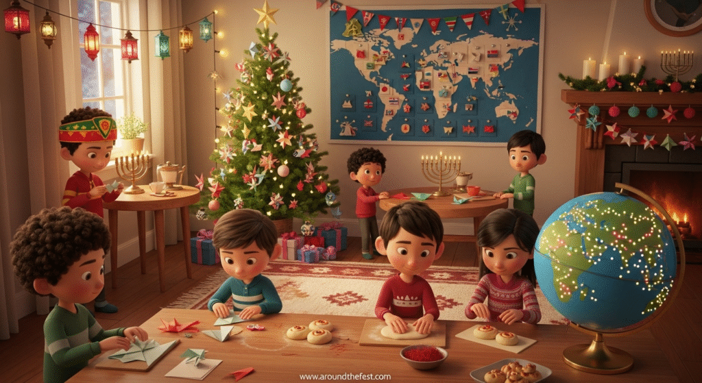 "Family celebrating Christmas with an 'Around the World' advent calendar featuring origami ornaments on a minimalist tree, children folding crafts, and baking saffron buns— christmas ideas for families focused on global holiday traditions and cultural learning."