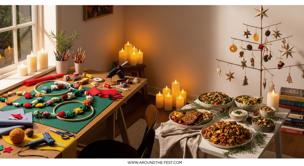 "Cozy Christmas 2025 celebration scene featuring a DIY craft table with yarn and glue guns, a minimalist holiday tree decorated with natural ornaments, and a festive vegan dinner spread surrounded by glowing candles—highlighting creativity, sustainability, and personal, meaningful holiday traditions." 