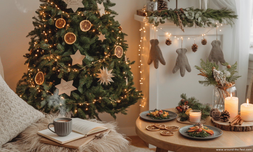 "Cozy Christmas 2025 celebration scene featuring a DIY craft table with yarn and glue guns, a minimalist holiday tree decorated with natural ornaments, and a festive vegan dinner spread surrounded by glowing candles—highlighting creativity, sustainability, and personal, meaningful holiday traditions." 