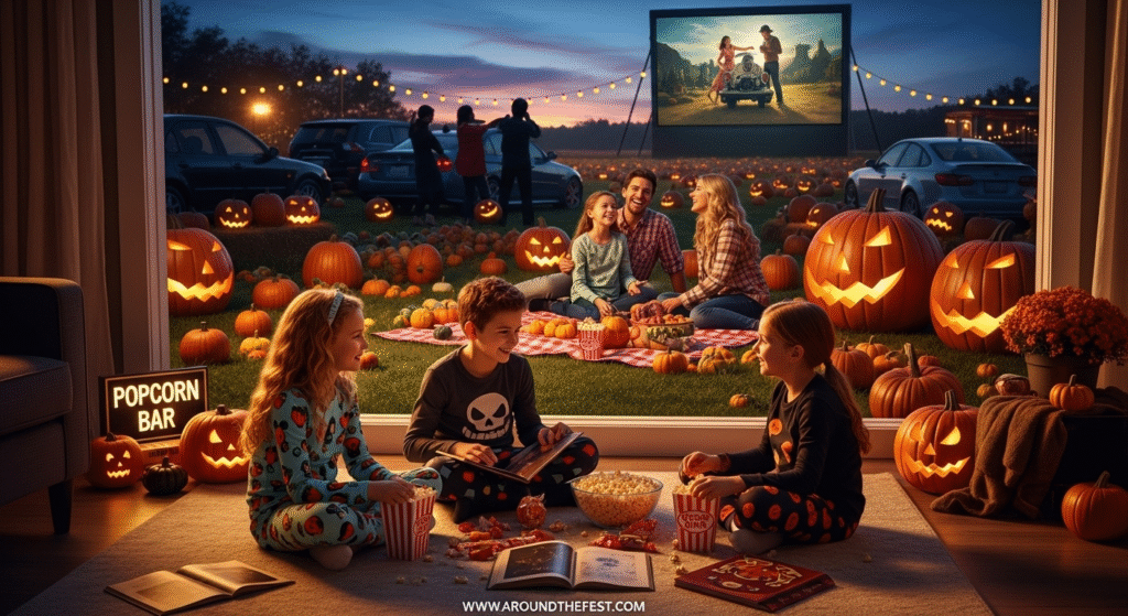 Children decorating pumpkins with paint and glow-in-the-dark stickers for Halloween