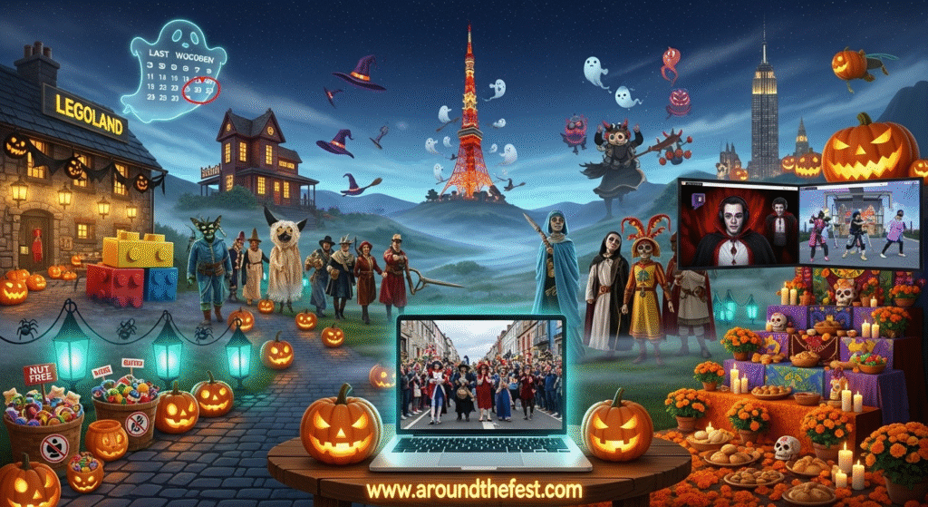 "Cinematic Halloween 2025 scene with global highlights including Salem, Tokyo, and NYC landmarks, a virtual livestream setup, teal pumpkin allergy-safe treats, and a glowing calendar marking late October under a foggy, moonlit sky"