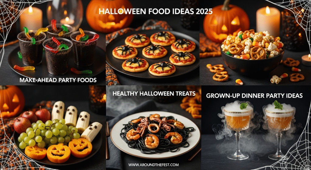 Infographic-style image showcasing Halloween food ideas 2025, including make-ahead party snacks, healthy Halloween desserts, and elegant adult dinner options like squid ink pasta and spooky cocktails.