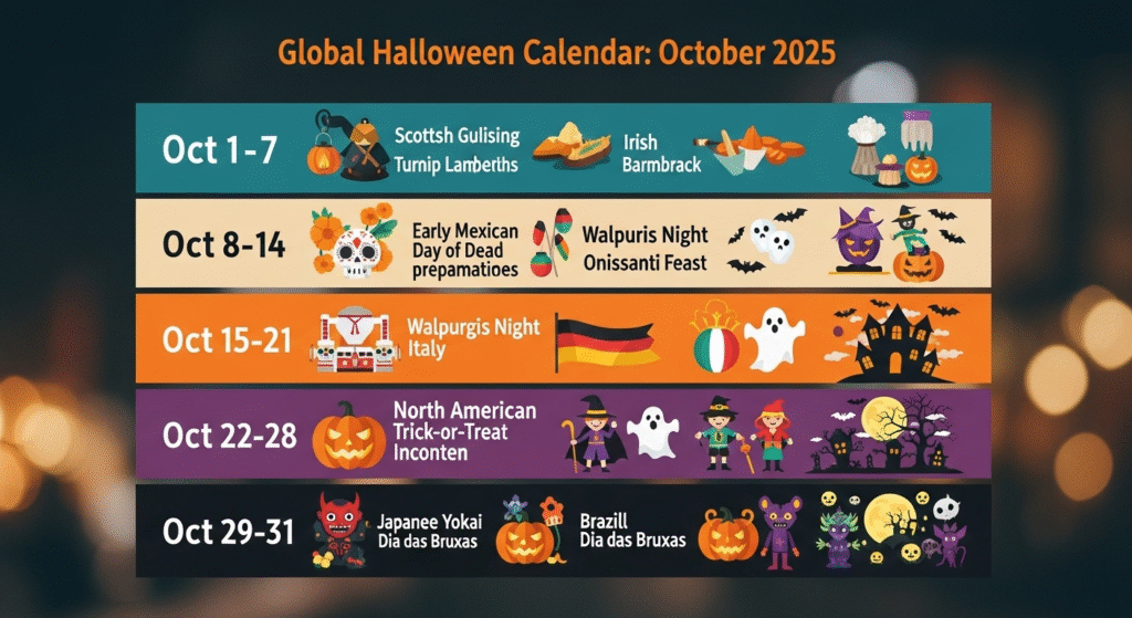 “Global Halloween Calendar: October 2025 infographic showing Halloween traditions and events worldwide by week. Includes Scottish Guising and Irish Barmbrack (Oct 1–7), early Mexican Day of the Dead prep and Walpurgis Night (Oct 8–14), Walpurgis Night Italy (Oct 15–21), North American Trick-or-Treat traditions (Oct 22–28), and Japanese Yokai and Brazil’s Dia das Bruxas (Oct 29–31). Colorful Halloween icons like pumpkins, ghosts, witches, skulls, and cultural foods are included. Perfect guide for planning Halloween 2025 events globaly