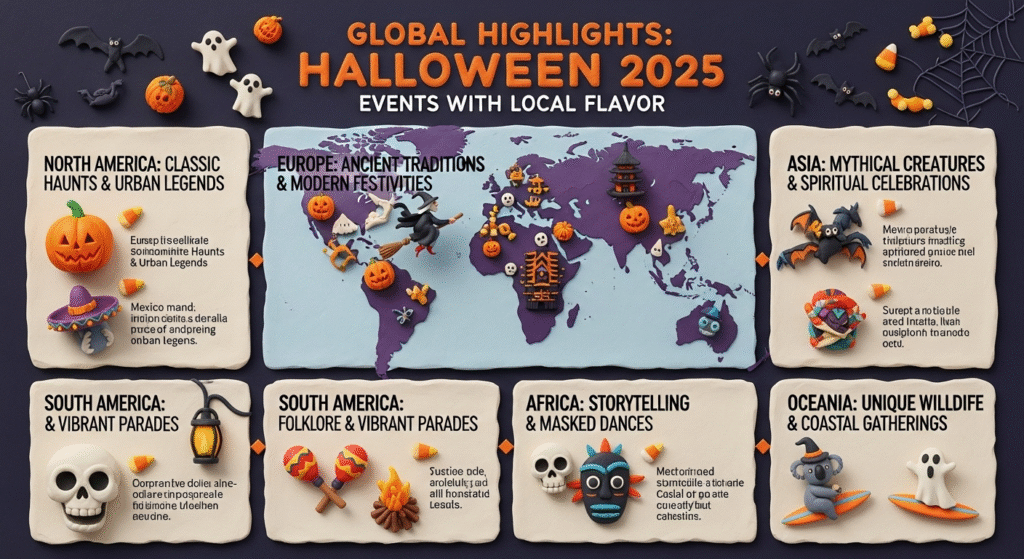 “Halloween 2025 world events infographic showing cultural twists: ghost operas in Italy, folklore parades in Brazil, escape rooms in India, K-pop horror in Korea, and ghost stories in South Africa. Halloween colors, world map background, and festive icons included.”