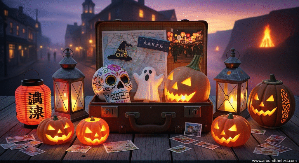 Halloween 2025 travel-themed scene with global souvenirs in an open suitcase, including sugar skulls, turnip lanterns, and festive items from Salem, Japan, and Ireland under a glowing twilight sky"