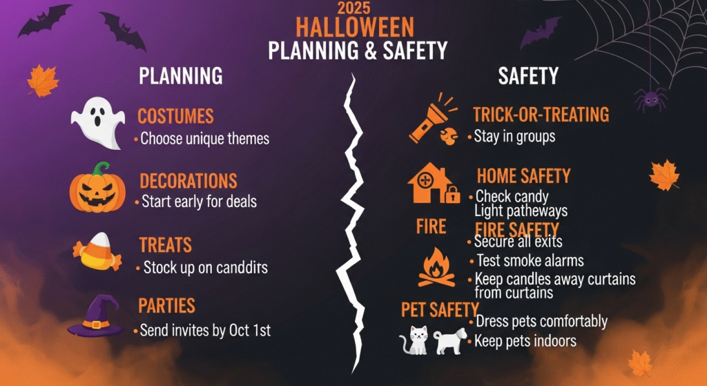 “Halloween 2025 planning infographic with tips on early booking, smart packing, family safety, staying connected, and sustainable travel. Includes visuals like flashlights, costumes, mobile maps, checklists, and eco-friendly symbols. Designed in Halloween colors with icons and simple headers.” 