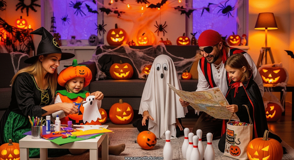 A family dressed in Halloween costumes enjoying indoor Halloween crafts and games surrounded by glowing jack-o'-lanterns and spooky decorations. 