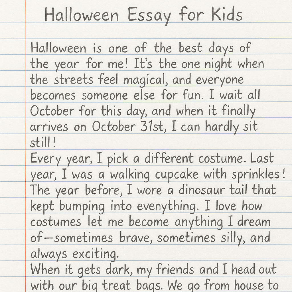 A lined notebook page with a child's handwritten Halloween essay in neat, playful writing. The essay describes Halloween fun like dressing up as a cupcake or dinosaur, trick-or-treating, and carving pumpkins with family, reflecting the joyful spirit of the holiday from a kid’s perspective.
