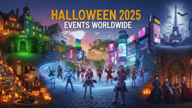 World map at dusk with iconic Halloween scenes—Salem, Tokyo, Derry, Oaxaca, and Paris—featuring diverse people in creative costumes, glowing lanterns, spirit kites, pumpkins, and eco-friendly decor, plus digital AR and virtual stream overlays. Space reserved for “Halloween 2025 Events Worldwide” title. Warm, festive, and inclusive vibe.