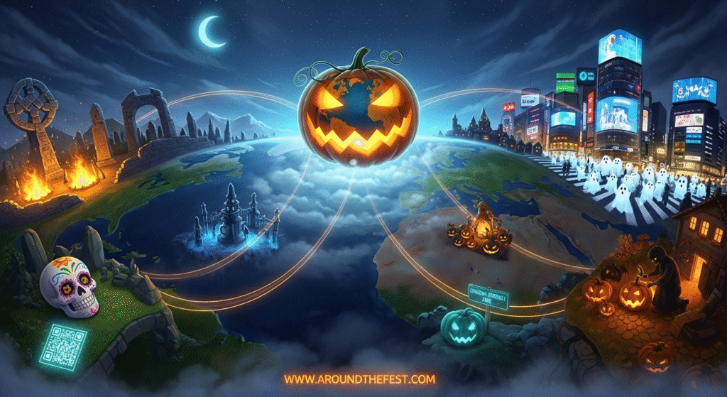 "Halloween 2025 global scene with a glowing jack-o’-lantern globe connecting iconic locations like Salem, Shibuya, and Celtic ruins, surrounded by pumpkins, lanterns, and misty twilight skies"