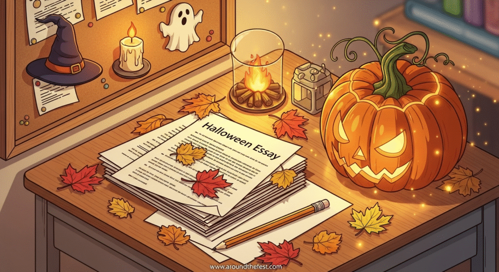 Conclusion of a Halloween Essay in English shown through a finished student assignment with festive