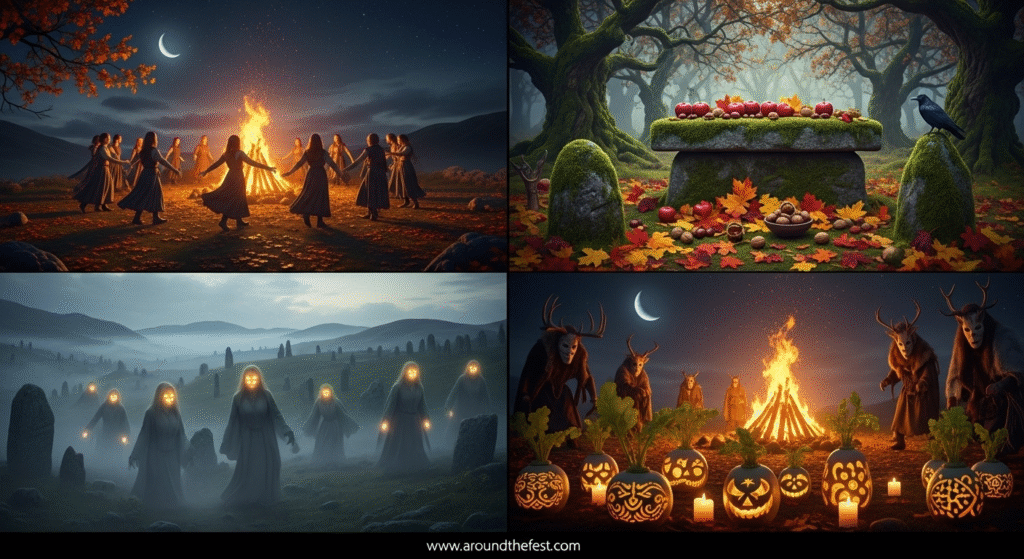 Celtic ritual elements like bonfires, food offerings, and disguises under a moonlit sky, visually explaining how Samhain traditions shaped Halloween’s dark rituals and seasonal symbolism. 
