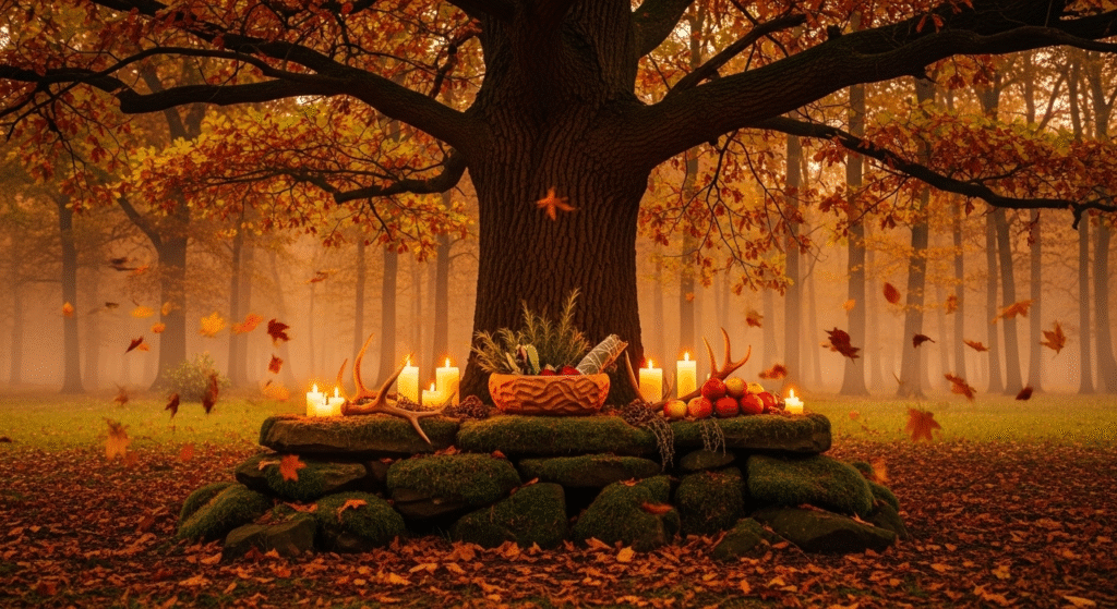 Sacred forest altar with glowing candles, autumn herbs, and symbolic offerings, capturing Samhain’s timeless role in helping people reconnect with nature, process grief, and find spiritual clarity.
