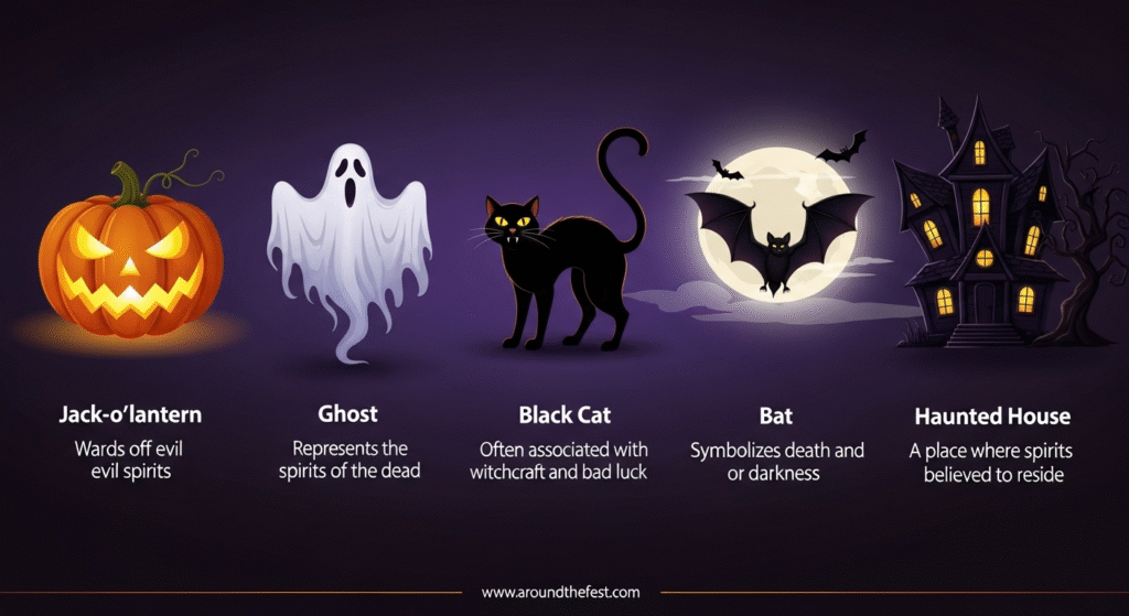 Infographic showing Halloween symbols like bonfires, costumes, and their meanings for student essays 