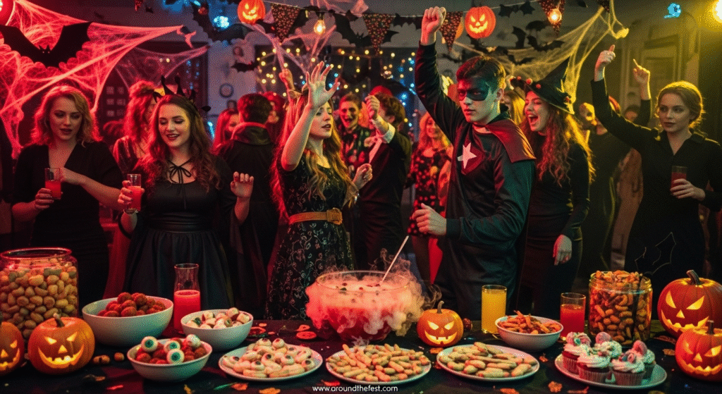Halloween party scene for teens and adults featuring a vibrant, dimly lit room decorated with glowing jack-o’-lanterns, orange and red lighting, spider webs, and hanging bats. 