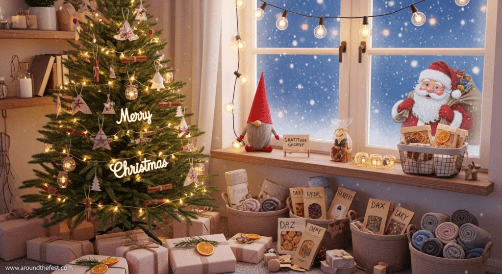 "Cozy living room decorated for Christmas with a minimalist tree, sustainable wrapped gifts, gratitude baskets, festive lights, and Santa outside the snowy window—unique Christmas ideas for 2025 including creative decor and eco-friendly holiday traditions."