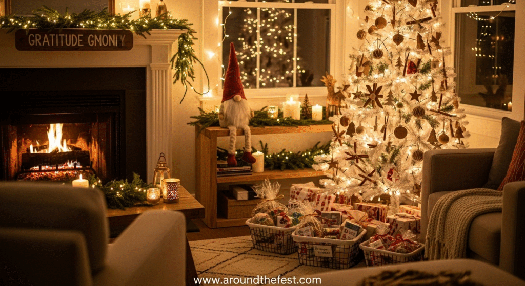 "Cozy living room decorated for Christmas with a minimalist tree, sustainable wrapped gifts, gratitude baskets, festive lights, and Santa outside the snowy window—unique Christmas ideas for 2025 including creative decor and eco-friendly holiday traditions."
