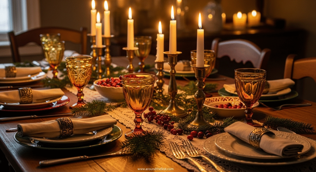 "Vintage Christmas table setting with inherited floral plates, amber glassware, lace table runner, brass candle holders, evergreen sprigs, pinecones, and handmade cinnamon stick place cards—featuring nostalgic, personal, and retro holiday decor."