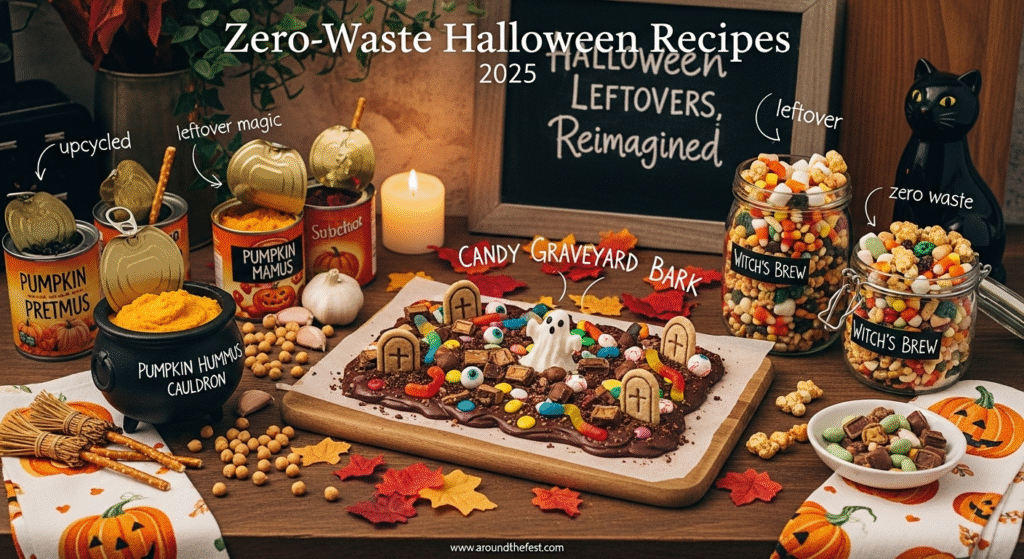 Colorful cartoon kitchen scene showing Halloween desserts made from leftovers: candy graveyard bark, pumpkin hummus, and witch’s brew trail mix, with upcycled ingredients and “zero-waste Halloween food ideas 2025”