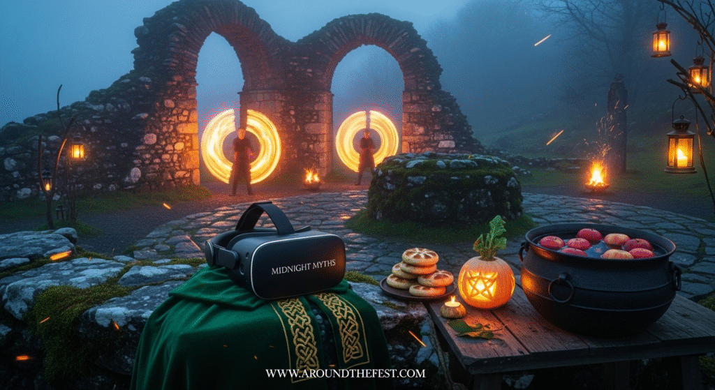 Irish Halloween 2025 scene with fire dancers in Galway, VR Celtic myths tour in Dublin, and traditional soul cakes and apple-diving in rural ruins"