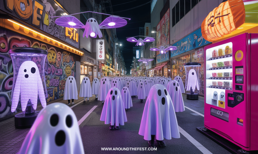 Shibuya Halloween 2025 with neon-lit ghost parades, AR graffiti spirits, and anime-themed candy kiosks glowing with QR-coded treats in a futuristic Tokyo street"