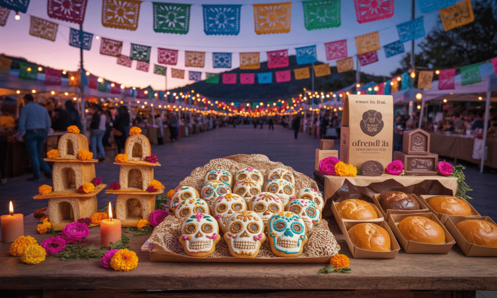 Modern Día de los Muertos desserts in Oaxaca with vegan Pan de Muerto, sugar skull cookies, and chocolate ofrenda kits at a twilight food fair"
