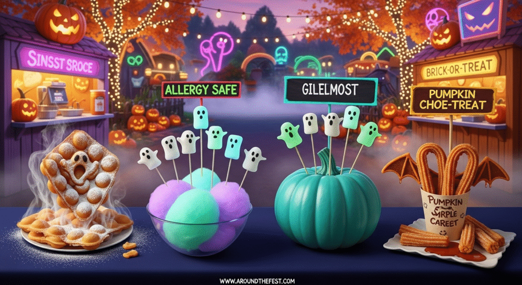 "Halloween 2025 snacks in the U.S. with ghost bubble waffles, color-changing cotton candy, glow marshmallows, and allergy-safe teal pumpkin treats at themed park events"