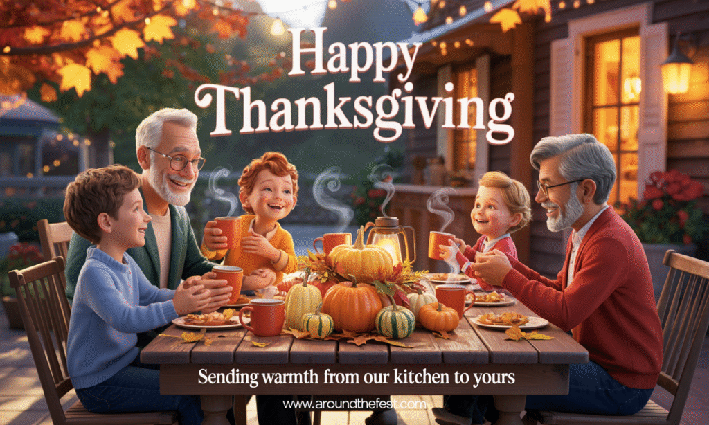 Family sharing steaming mugs of cocoa on a cozy Thanksgiving outdoor patio with glowing lanterns, autumn décor, overlay text sending warmth and holiday wishes."