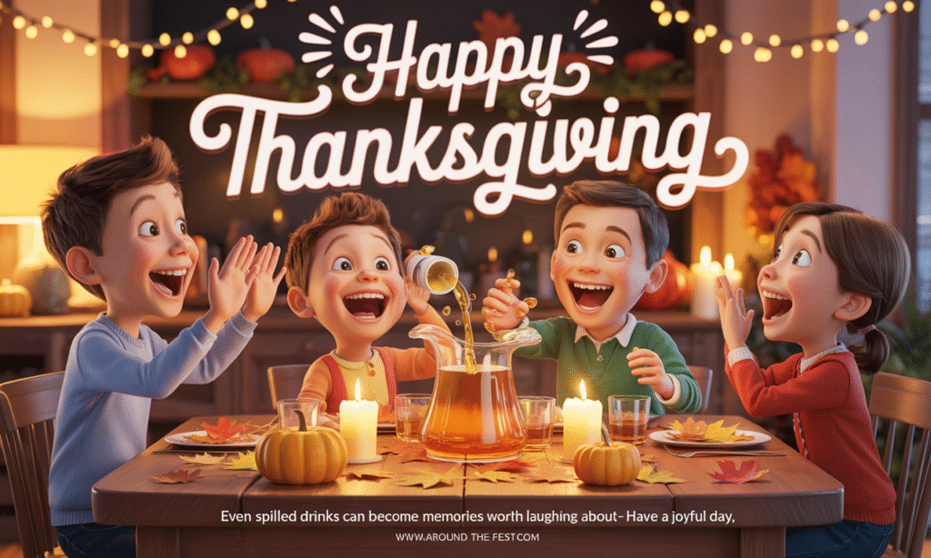 "Family sharing laughter around a Thanksgiving table after a spilled drink, warm cozy holiday setting with turkey, pumpkin pie, and autumn décor."