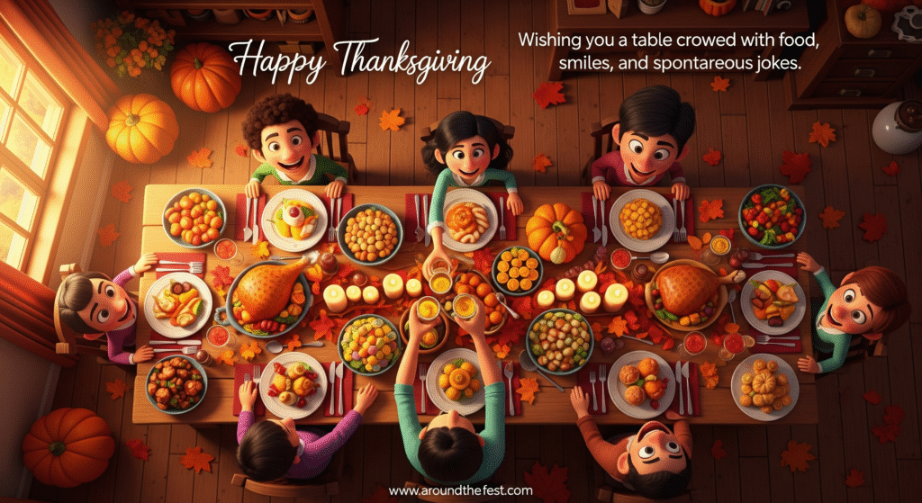 Happy Thanksgiving Wishes and Images Overhead view of a Thanksgiving table with food, smiling family and friends, cozy fall decor, overlay text: 'Wishing you a table crowded with food, smiles, and spontaneous jokes.'"