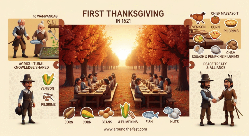 The First Thanksgiving of 1621 showing Pilgrims and Wampanoag sharing food and traditions, part of Thanksgiving Day 2025 USA history and traditions.”