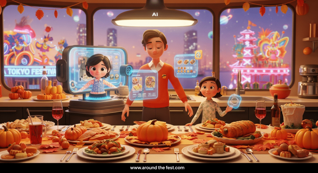 Futuristic Thanksgiving 2030 scene showing a smart kitchen with AI-assisted cooking preparing a festive meal. AR and holographic family members join the table, while plant-based and multicultural dishes are served. Background includes global festival elements like Tokyo parade floats and São Paulo samba performers, with subtle space-themed touches suggesting astronauts celebrating in orbit. The setting blends tradition, technology, sustainability, and global culture in a warm, festive atmosphere."
