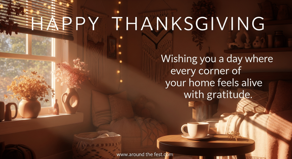 Happy Thanksgiving Wishes and Images Artistic cozy home interior with morning sunlight, dried flowers, fairy lights, warm tea, overlay text: 'Wishing you a day where every corner of your home feels alive with gratitude.'"