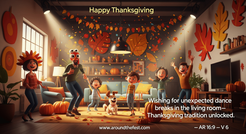 Happy Thanksgiving Wishes and Images Family and friends dancing spontaneously in a colorful modern loft living room during Thanksgiving 2025, with confetti, turkey hats, and playful festive decorations."