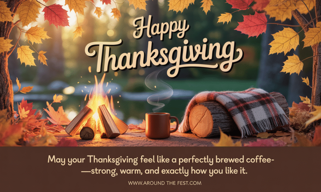 Happy Thanksgiving Wishes and Images"Steaming coffee mug on a wooden log by a campfire with autumn leaves and blanket, sunlight filtering through trees, overlaying wish text about perfectly brewed Thanksgiving coffee."