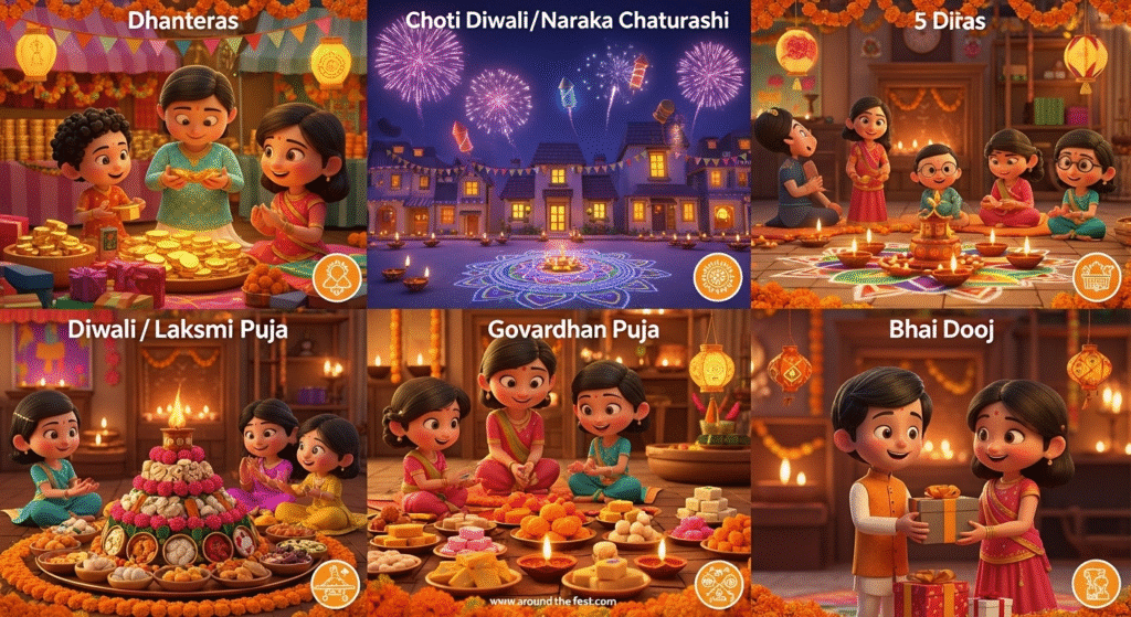 "Illustration of childhood Diwali memories highlighting all five days—Dhanteras, Choti Diwali, Lakshmi Puja, Govardhan Puja, and Bhai Dooj—with families celebrating, diyas, rangoli, fireworks, sweets, and festive decorations."
