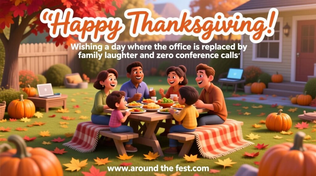 "Family laughing together in cozy living room around Thanksgiving table, no laptops or phones, autumn decorations, overlaying wish text about replacing office with family fun."