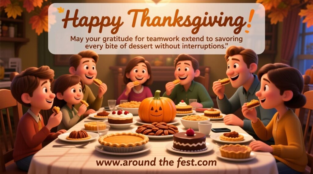 Happy Thanksgiving Wishes and Images "Friends or family enjoying desserts on outdoor picnic blanket with autumn leaves, no devices, overlaying wish text about savoring dessert and teamwork."