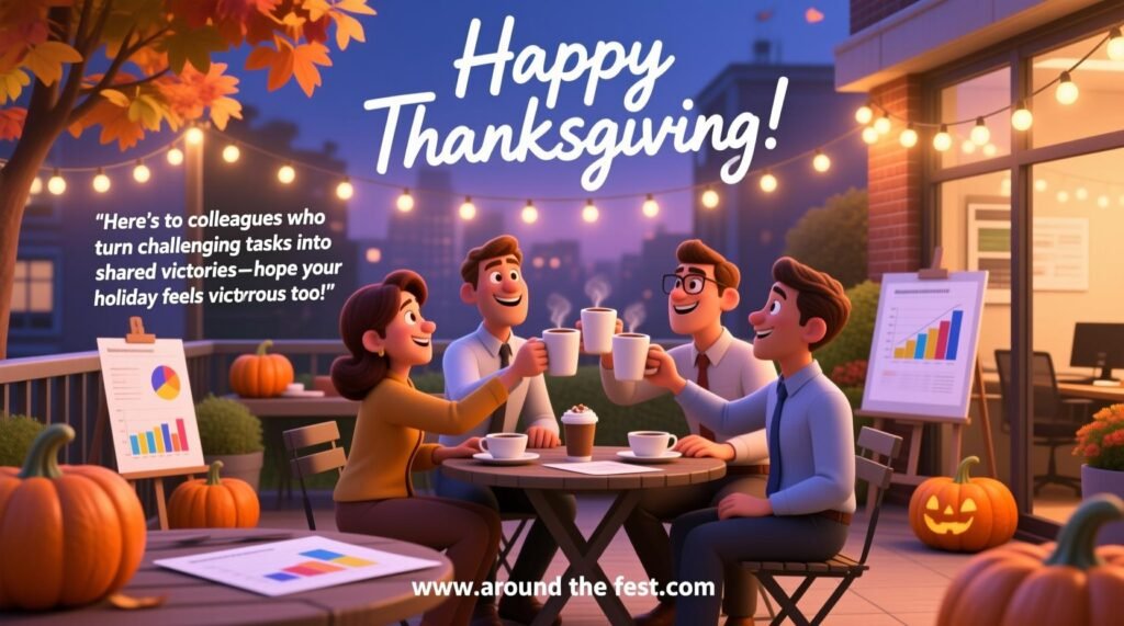 Coworkers completing a Thanksgiving-themed puzzle together in cozy office with autumn decorations, overlaying wish text about teamwork and shared victories."