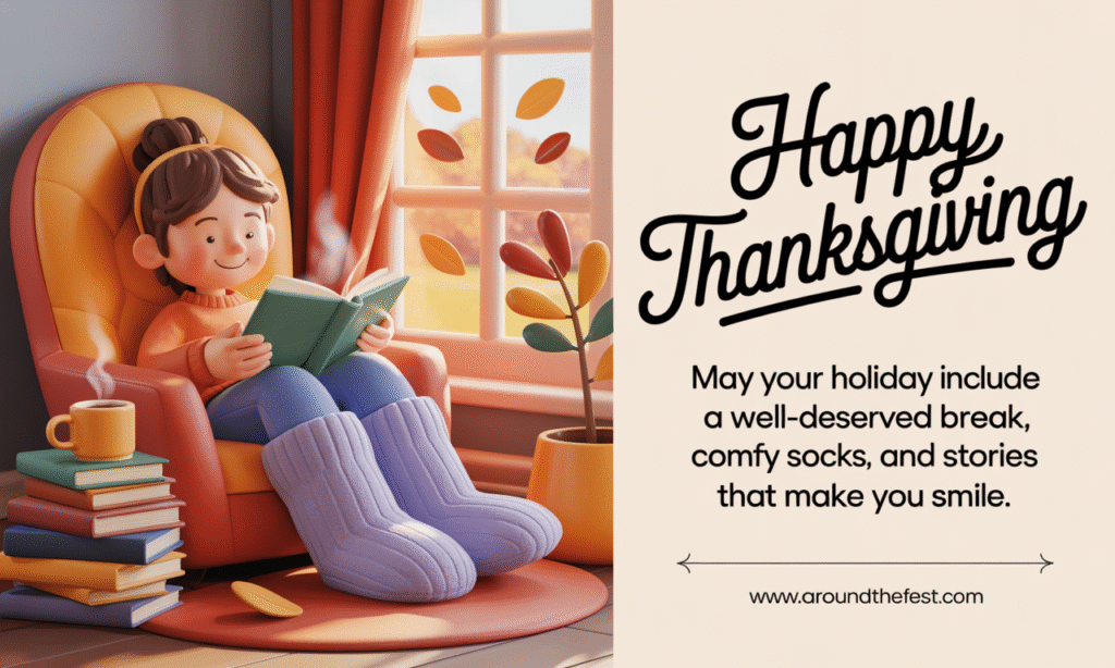 Happy Thanksgiving Wishes and Images "Person lounging in reading nook wearing cozy socks, holding warm drink, stack of Thanksgiving books nearby, autumn leaves outside, overlaying wish text about well-deserved break and cozy moments."